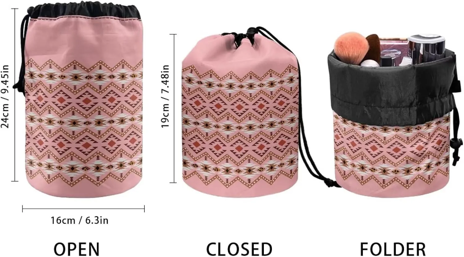 Large Capacity Portable Makeup Box Travel Makeup Bag for Women with Portable Handle Drawstring Organizer Cosmetics Pouch Pink Aztec Print
