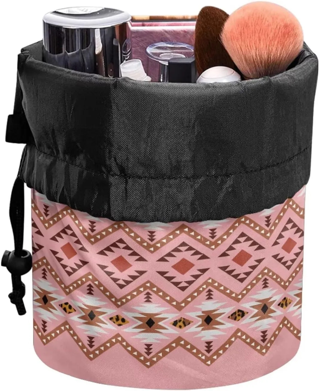 Large Capacity Portable Makeup Box Travel Makeup Bag for Women with Portable Handle Drawstring Organizer Cosmetics Pouch Pink Aztec Print