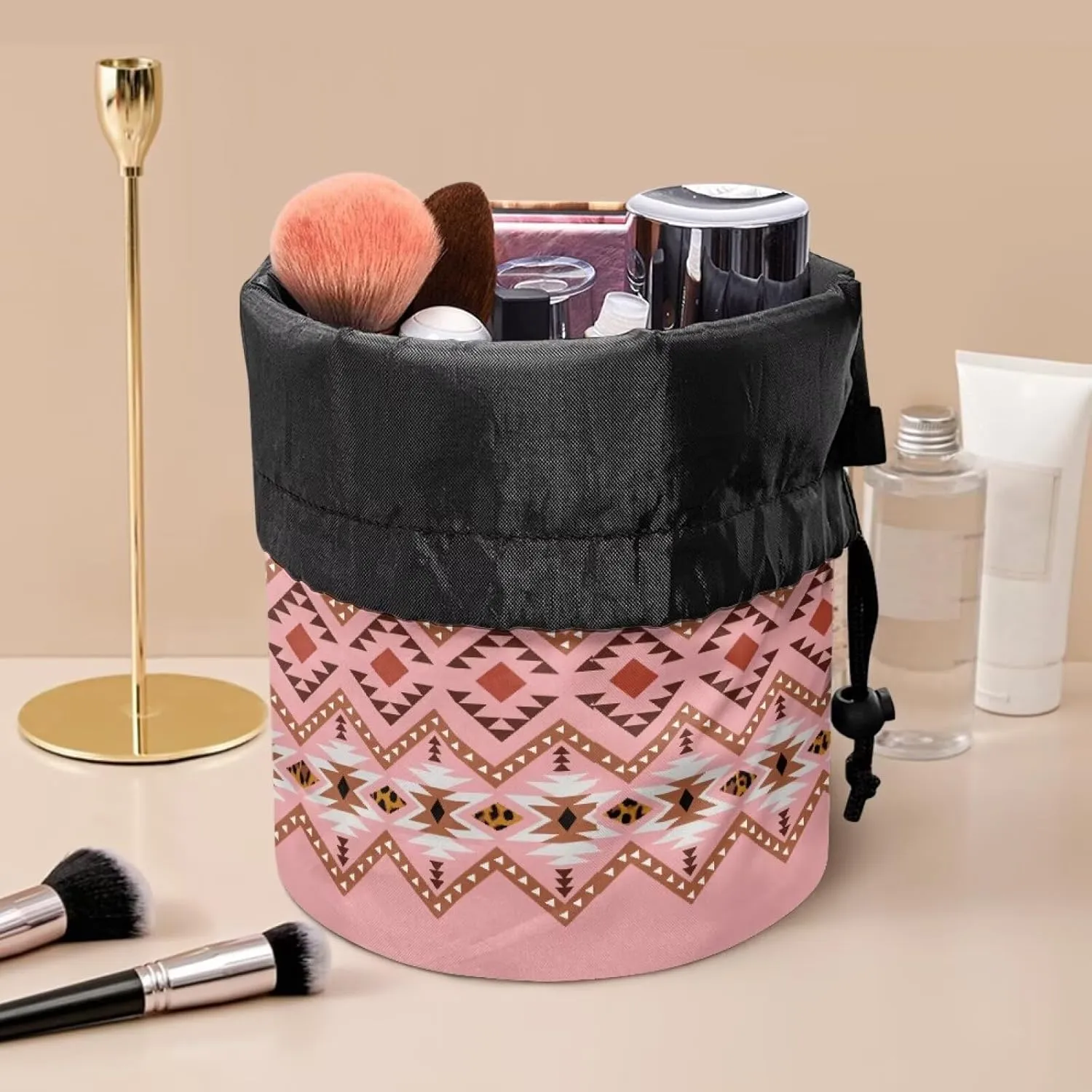 Large Capacity Portable Makeup Box Travel Makeup Bag for Women with Portable Handle Drawstring Organizer Cosmetics Pouch Pink Aztec Print