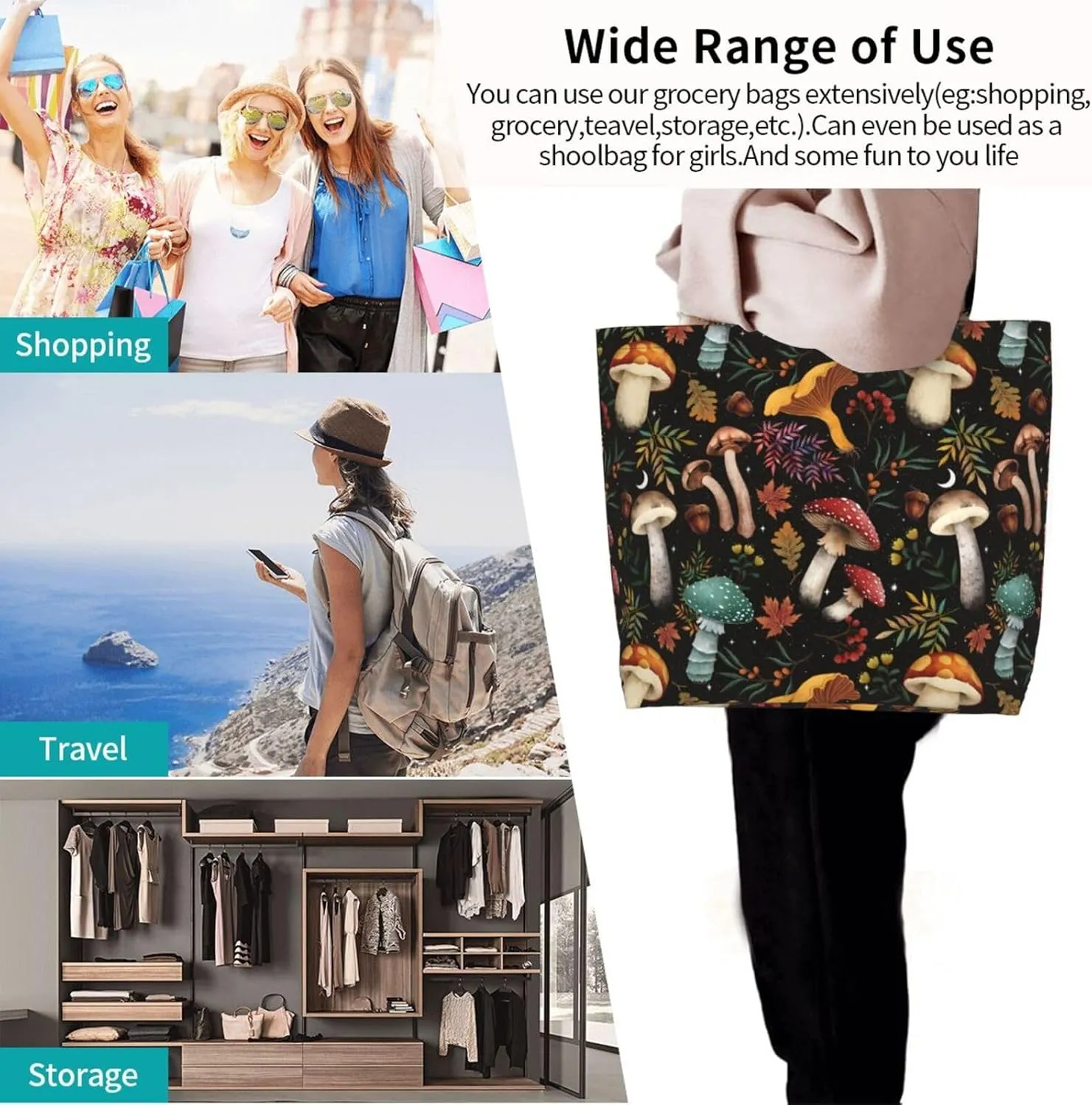 Large Capacity Reusable Canvas Shoulder Bag   Both Sides Bucket Hat Casual Tote Handbag