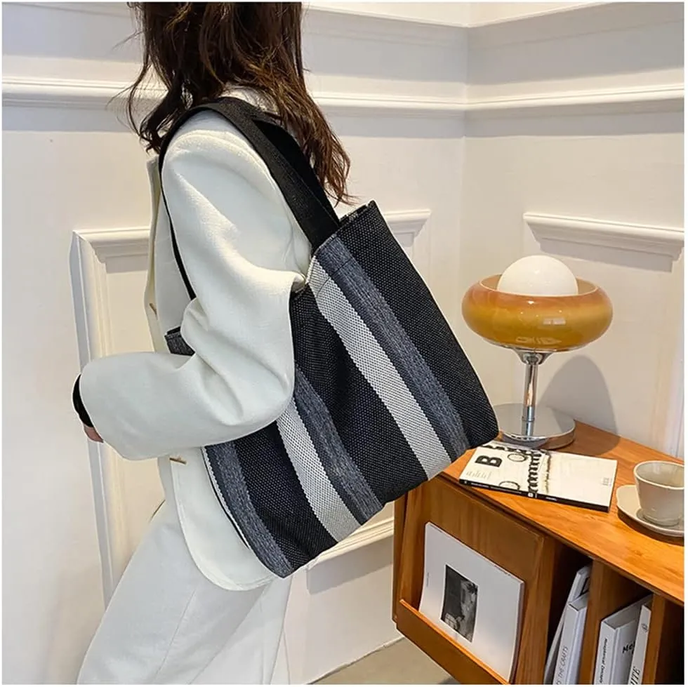 Large Capacity Women Canvas Tote Handbag - Reusable Black Stripe Shopping Bag