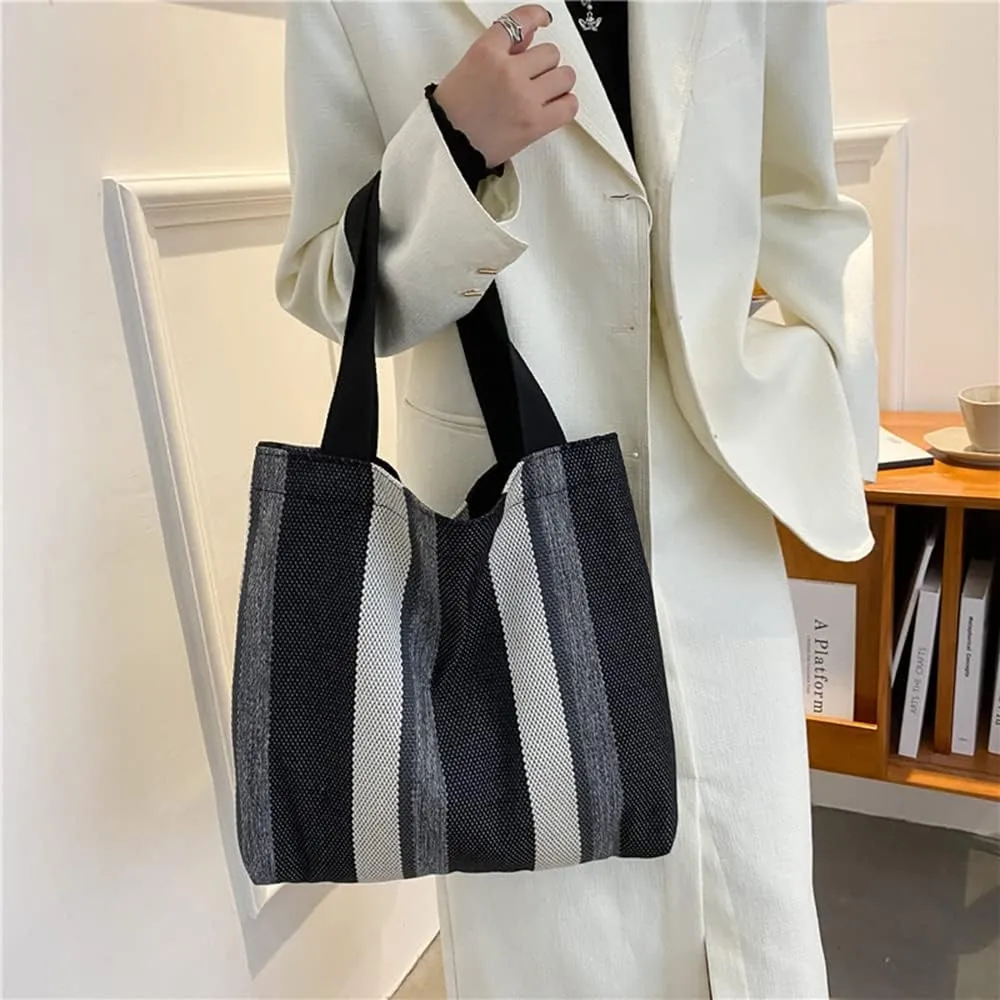 Large Capacity Women Canvas Tote Handbag - Reusable Black Stripe Shopping Bag