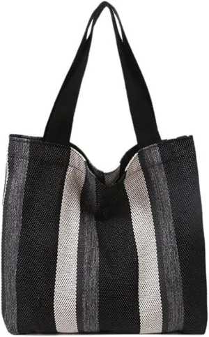 Large Capacity Women Canvas Tote Handbag - Reusable Black Stripe Shopping Bag