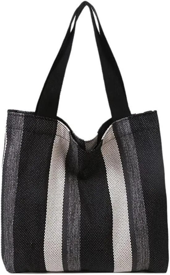Large Capacity Women Canvas Tote Handbag - Reusable Black Stripe Shopping Bag