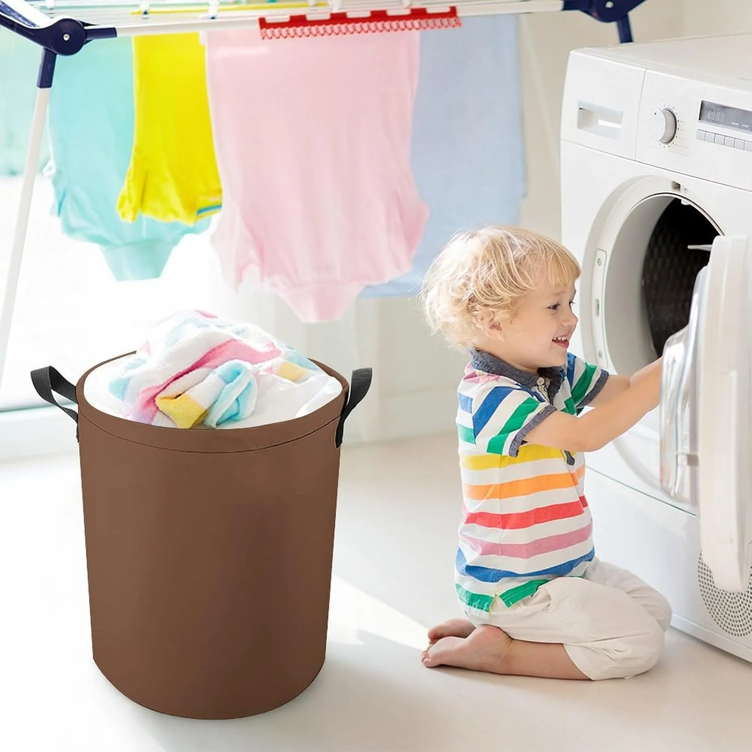 Large Laundry Hamper Bag, Dark Brown Solid Color Elegant Simple Collapsible Laundry Basket Dirty Clothes Washing Bin for College Dorm, Family Essentials