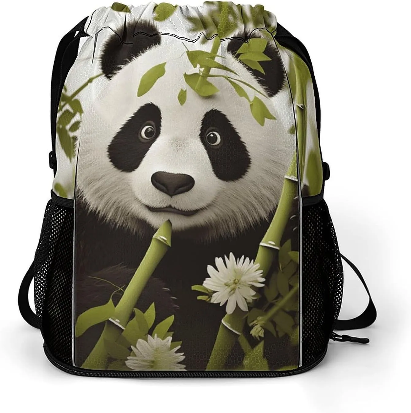 Large Sports Drawstring Backpack Panda Printed with Dry-Wet Separation | Digital Print Gym Sack | Waterproof Fabric | Shoe Compartment & PVC Pocket | Hydration Mesh for Fitness, Travel, Work