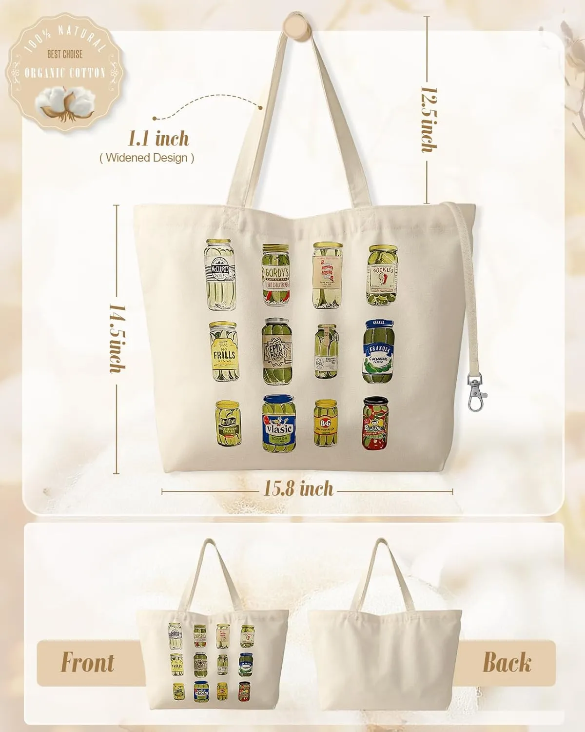Large Tote Bag for Women - Aesthetic Cute Big Canvas Bags with Zipper Cotton Shoulder Bag for Gym, Travel, Work