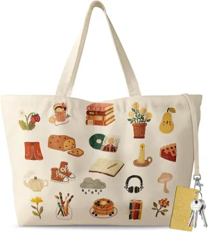 Large Tote Bag for Women - Aesthetic Cute Big Canvas Bags with Zipper Cotton Shoulder Bag for Gym, Travel, Work