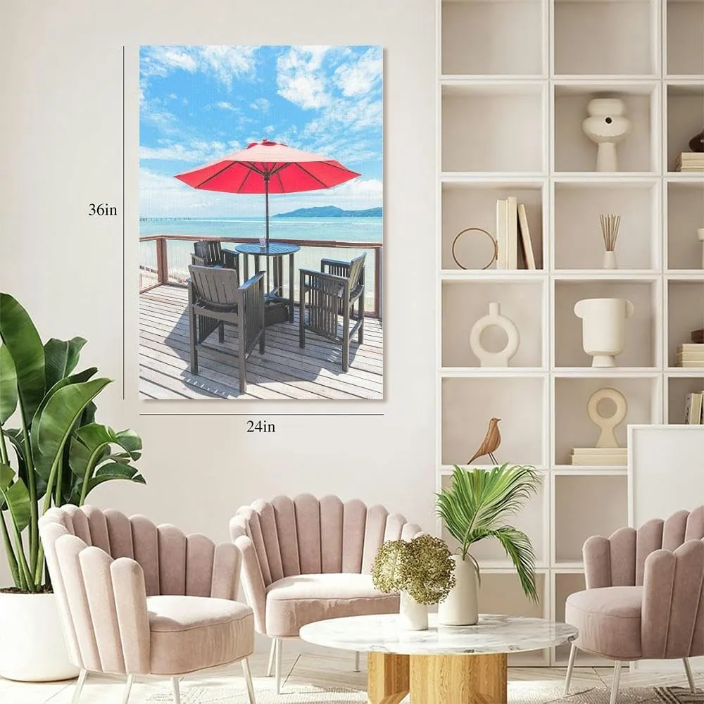 Large Wall Art Decor Open air cafe bar the sea view terrace Vertical Pictures Framed Canvas Wall Art for Living Room Bedroom Bathroom Artwork Paintings Kitchen 36x24