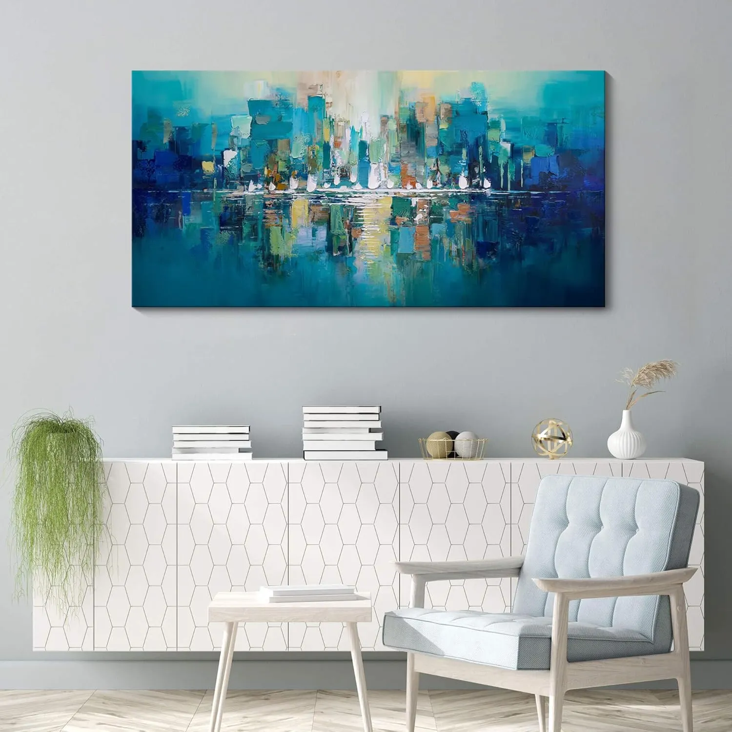 Large Wall Art for Living Room - Abstract Wall Decor Framed Picture Artwork for Wall Decorative Paintings Teal and White Modern Office Bedroom Art