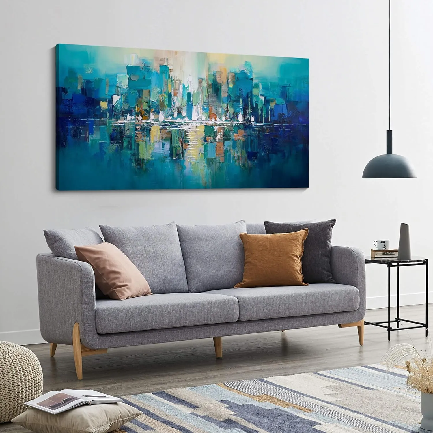 Large Wall Art for Living Room - Abstract Wall Decor Framed Picture Artwork for Wall Decorative Paintings Teal and White Modern Office Bedroom Art