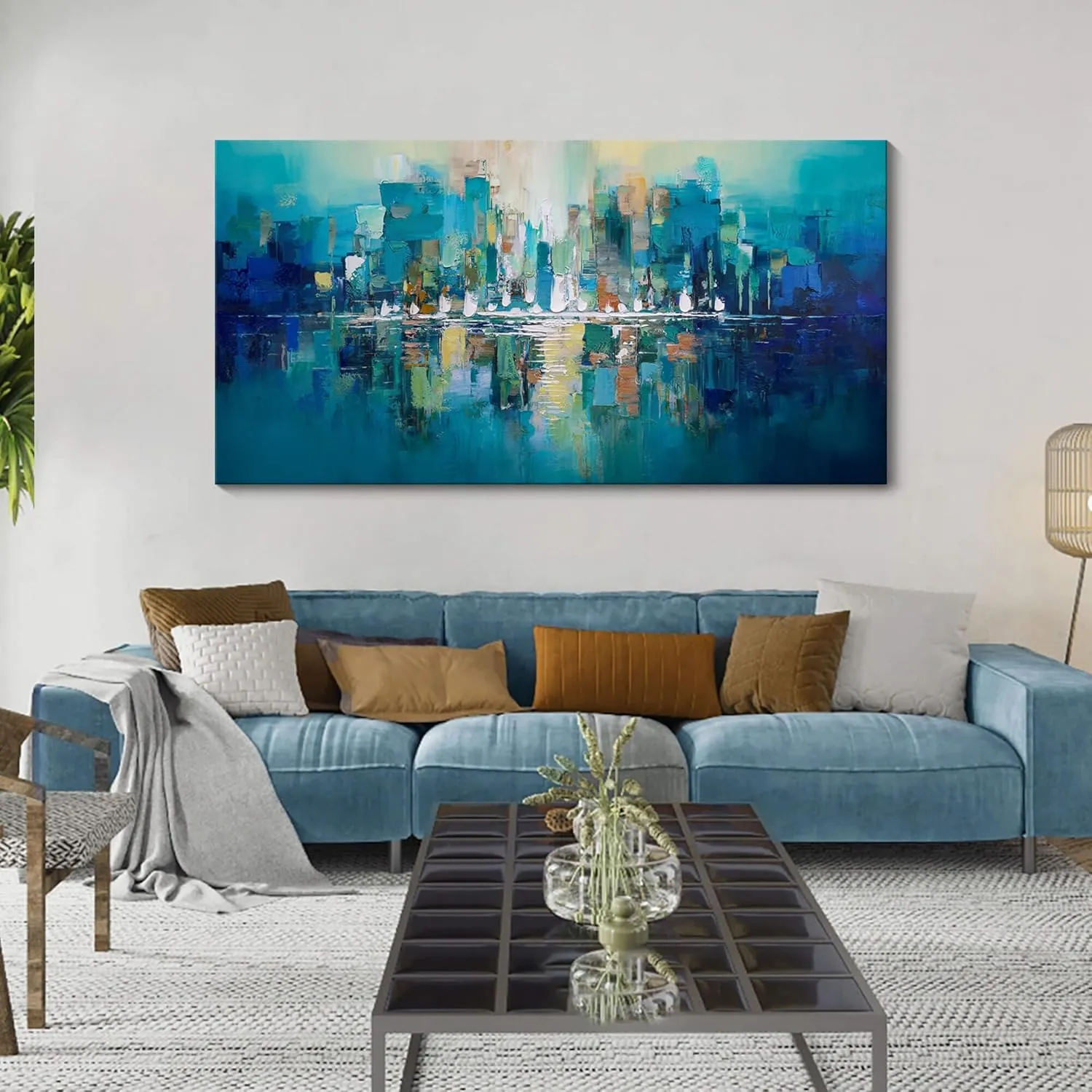 Large Wall Art for Living Room - Abstract Wall Decor Framed Picture Artwork for Wall Decorative Paintings Teal and White Modern Office Bedroom Art
