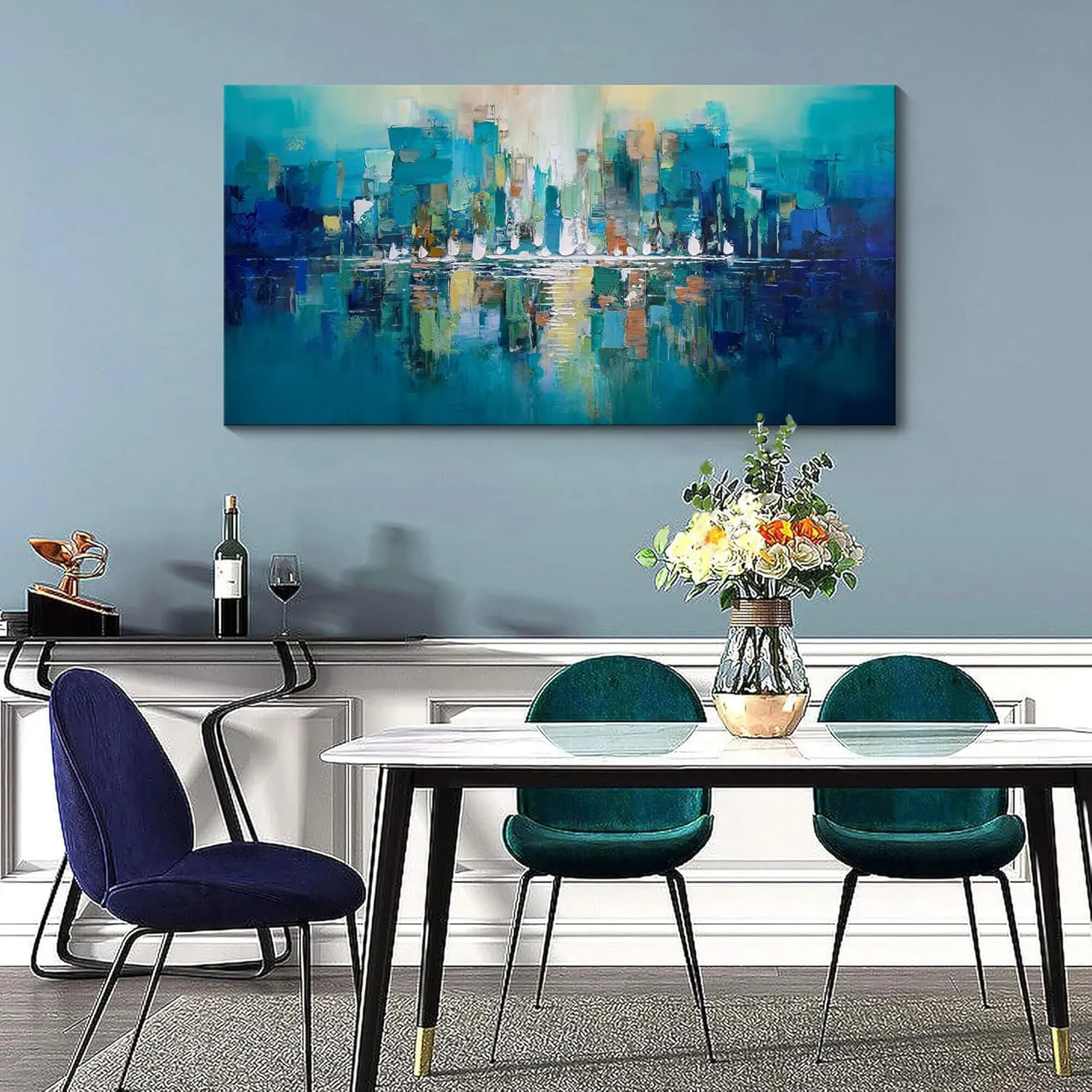 Large Wall Art for Living Room - Abstract Wall Decor Framed Picture Artwork for Wall Decorative Paintings Teal and White Modern Office Bedroom Art