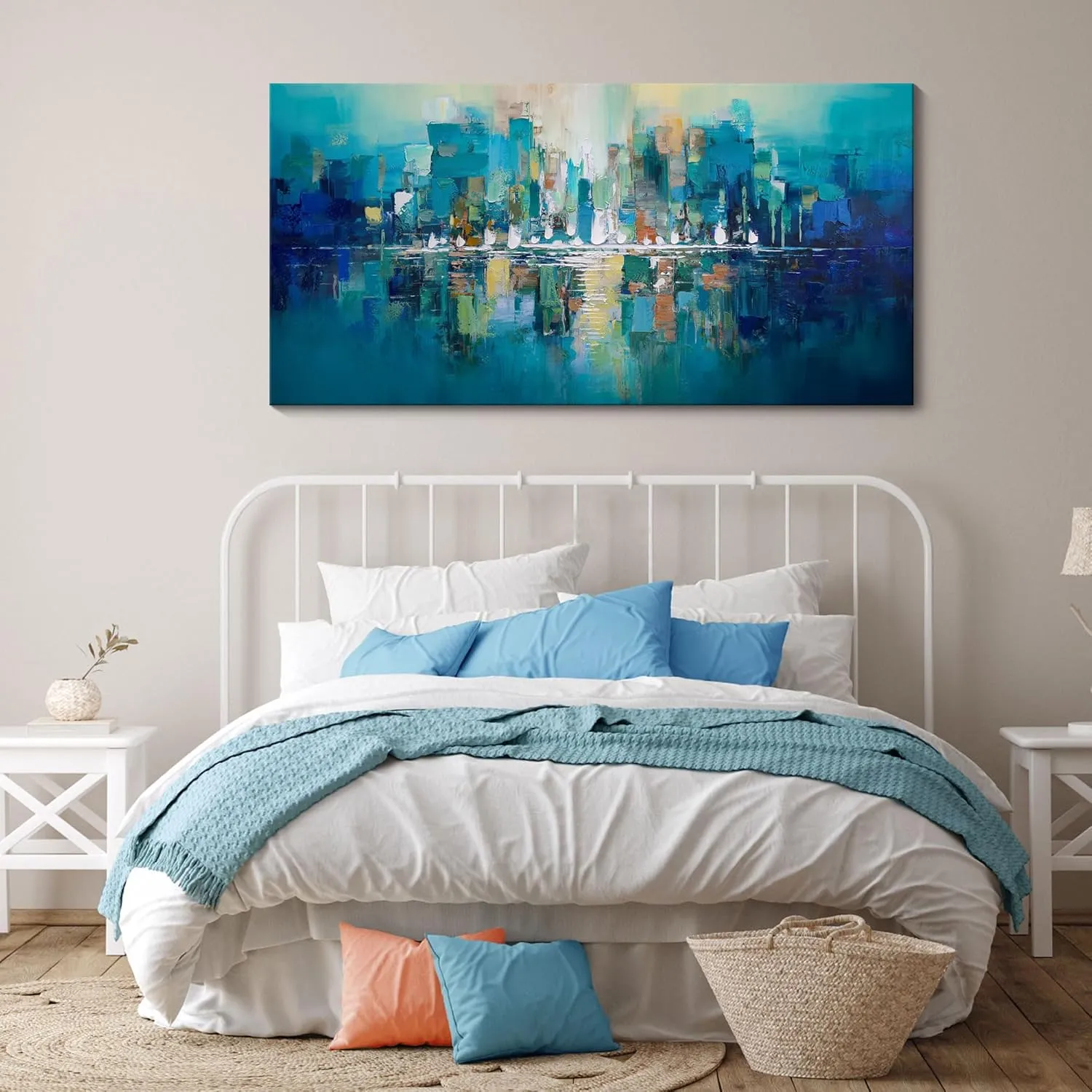Large Wall Art for Living Room - Abstract Wall Decor Framed Picture Artwork for Wall Decorative Paintings Teal and White Modern Office Bedroom Art