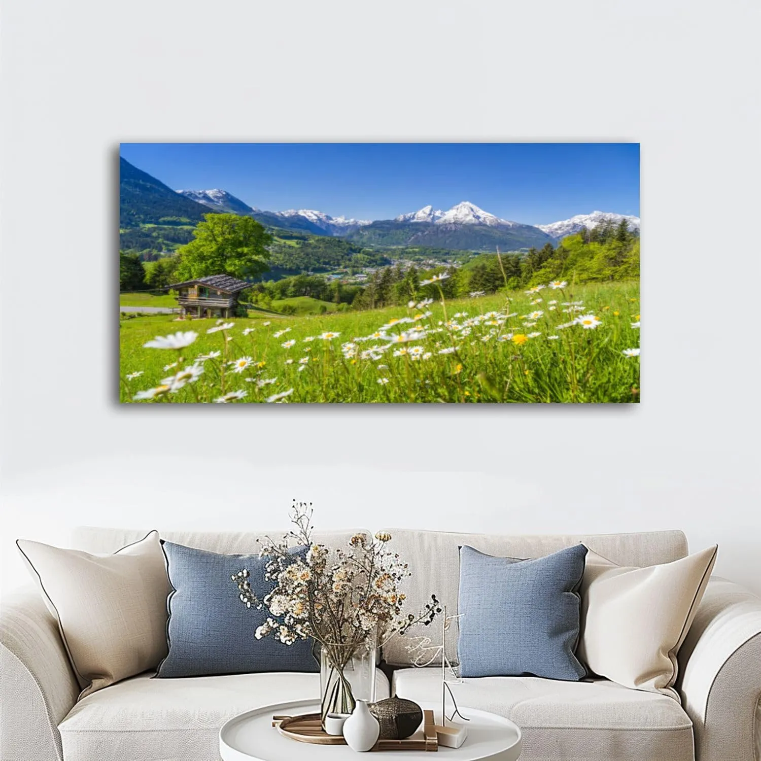 Large Wall Art Prints 20"x40" Alpine scenery mountain chalet summer Framed Canvas Wall Art Painting Artwork Poster Picture Wall Decor for Living Room Bedroom Hanging