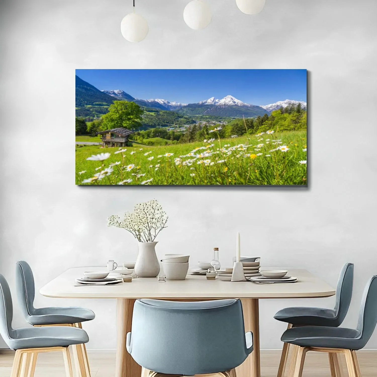 Large Wall Art Prints 20"x40" Alpine scenery mountain chalet summer Framed Canvas Wall Art Painting Artwork Poster Picture Wall Decor for Living Room Bedroom Hanging