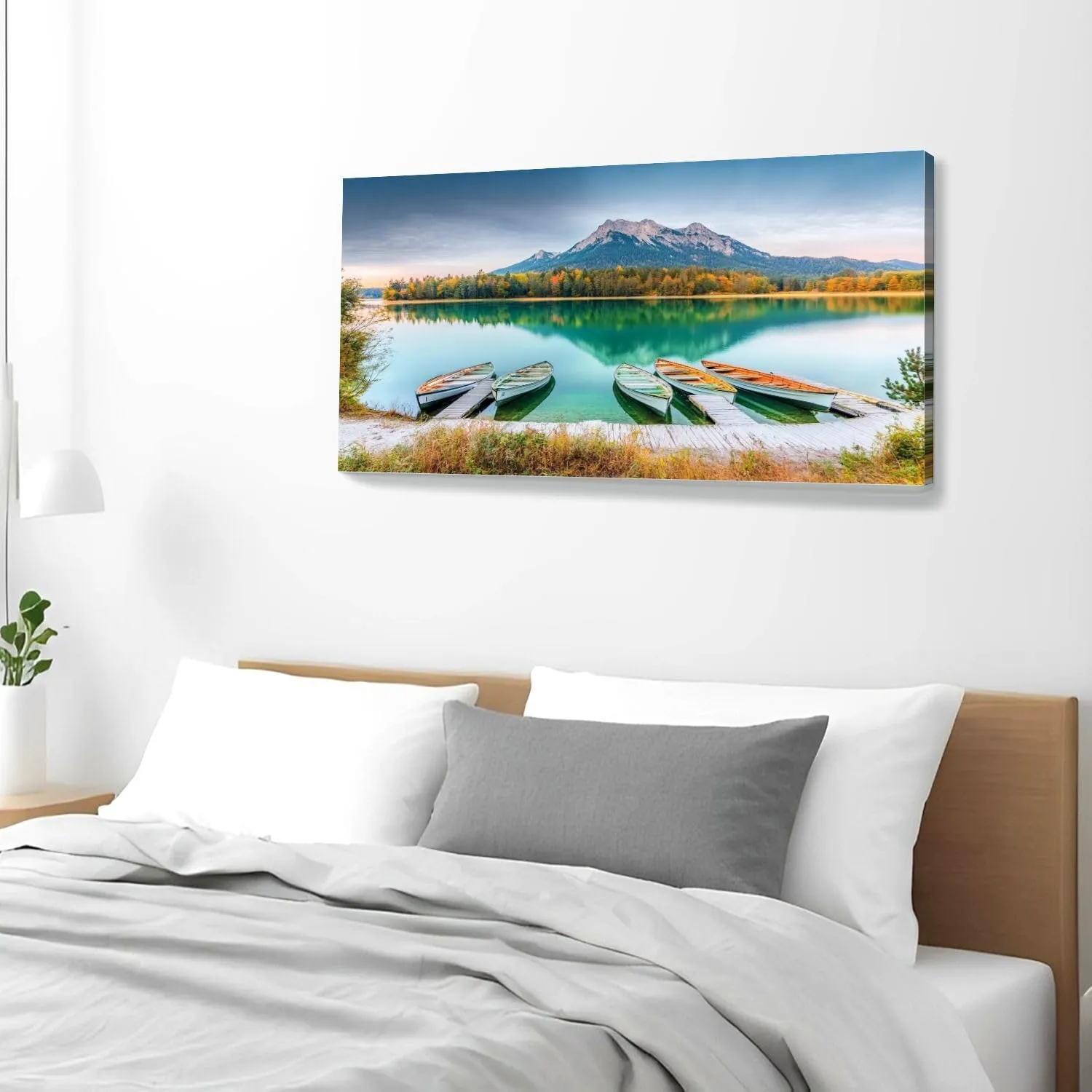 Large Wall Art Prints 20"x40" Classic Boats Lake Hintersee Picturesque scenery Alpine nature Framed Canvas Wall Art Painting Artwork Poster Picture Wall Decor for Living Room Bedroom Hanging