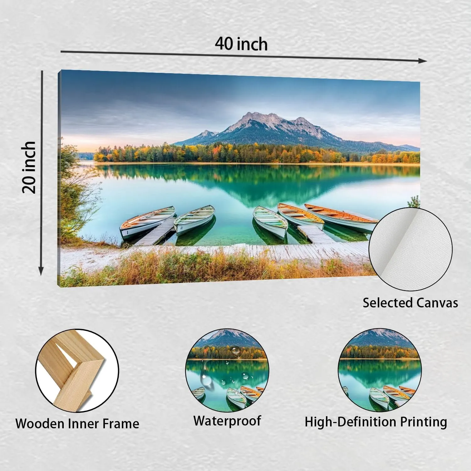 Large Wall Art Prints 20"x40" Classic Boats Lake Hintersee Picturesque scenery Alpine nature Framed Canvas Wall Art Painting Artwork Poster Picture Wall Decor for Living Room Bedroom Hanging