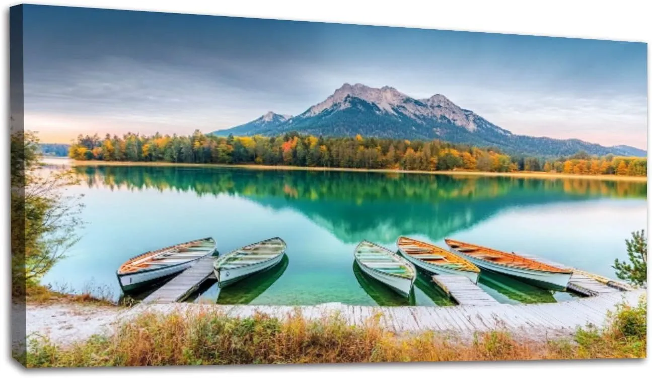 Large Wall Art Prints 20"x40" Classic Boats Lake Hintersee Picturesque scenery Alpine nature Framed Canvas Wall Art Painting Artwork Poster Picture Wall Decor for Living Room Bedroom Hanging