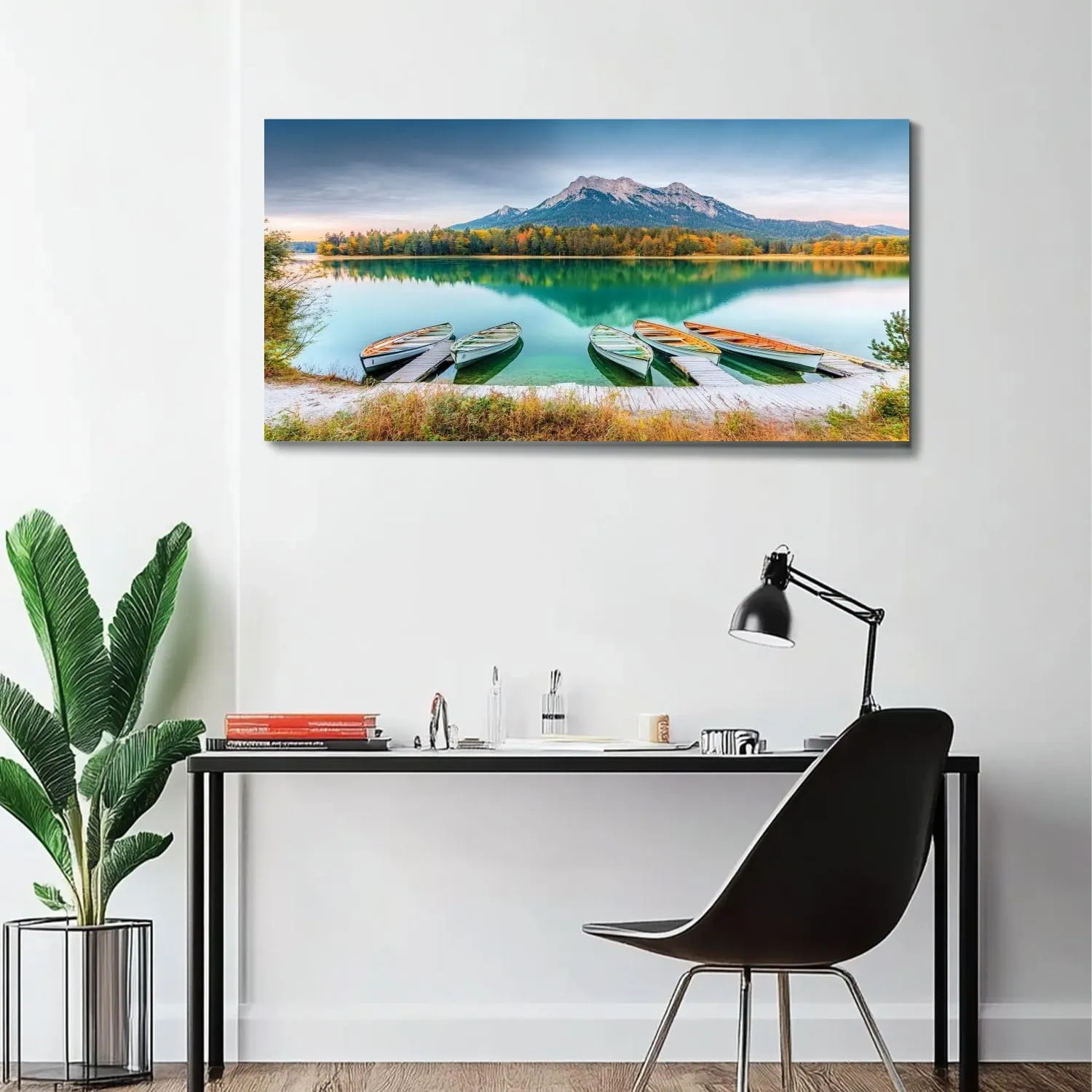 Large Wall Art Prints 20"x40" Classic Boats Lake Hintersee Picturesque scenery Alpine nature Framed Canvas Wall Art Painting Artwork Poster Picture Wall Decor for Living Room Bedroom Hanging