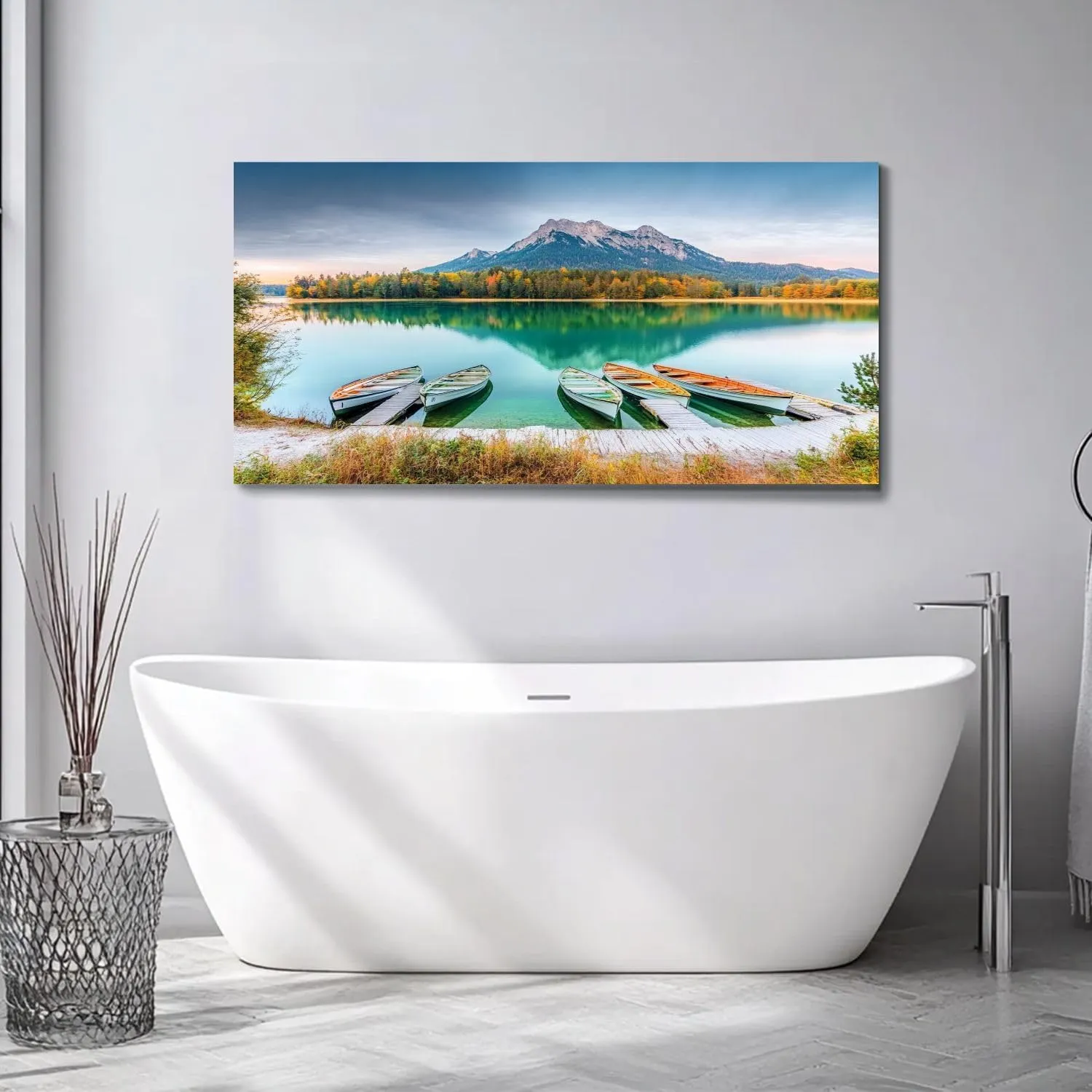 Large Wall Art Prints 20"x40" Classic Boats Lake Hintersee Picturesque scenery Alpine nature Framed Canvas Wall Art Painting Artwork Poster Picture Wall Decor for Living Room Bedroom Hanging