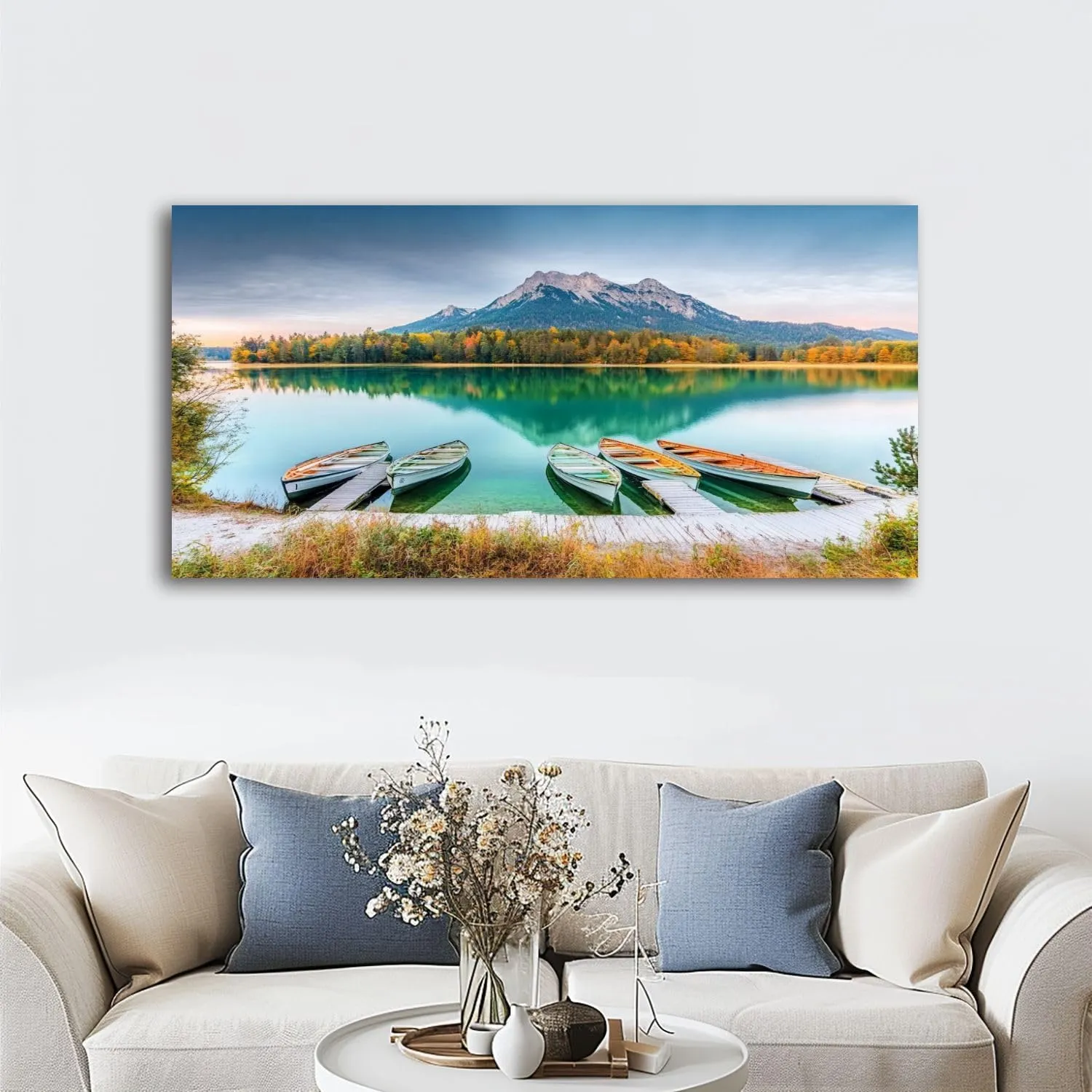 Large Wall Art Prints 20"x40" Classic Boats Lake Hintersee Picturesque scenery Alpine nature Framed Canvas Wall Art Painting Artwork Poster Picture Wall Decor for Living Room Bedroom Hanging