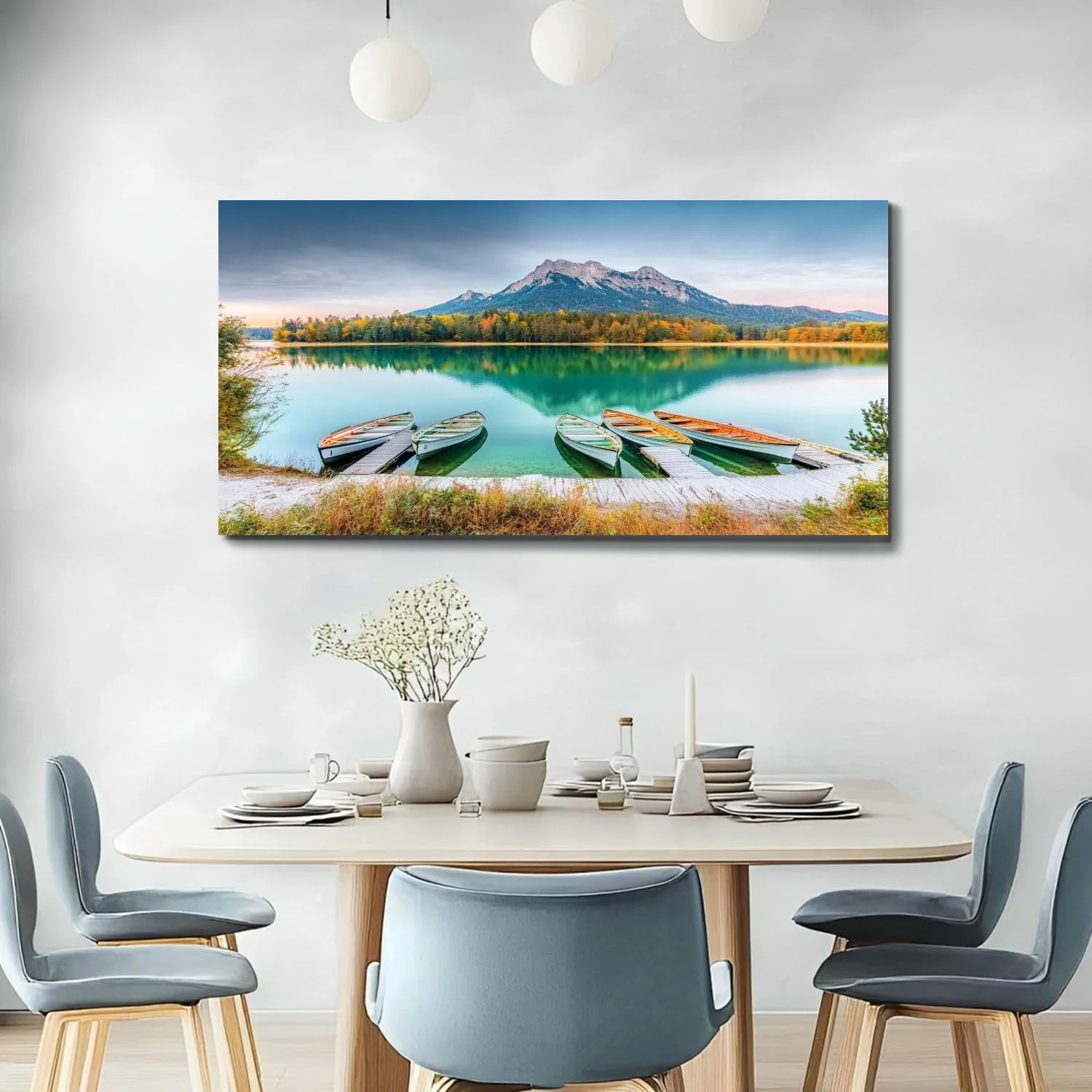 Large Wall Art Prints 20"x40" Classic Boats Lake Hintersee Picturesque scenery Alpine nature Framed Canvas Wall Art Painting Artwork Poster Picture Wall Decor for Living Room Bedroom Hanging