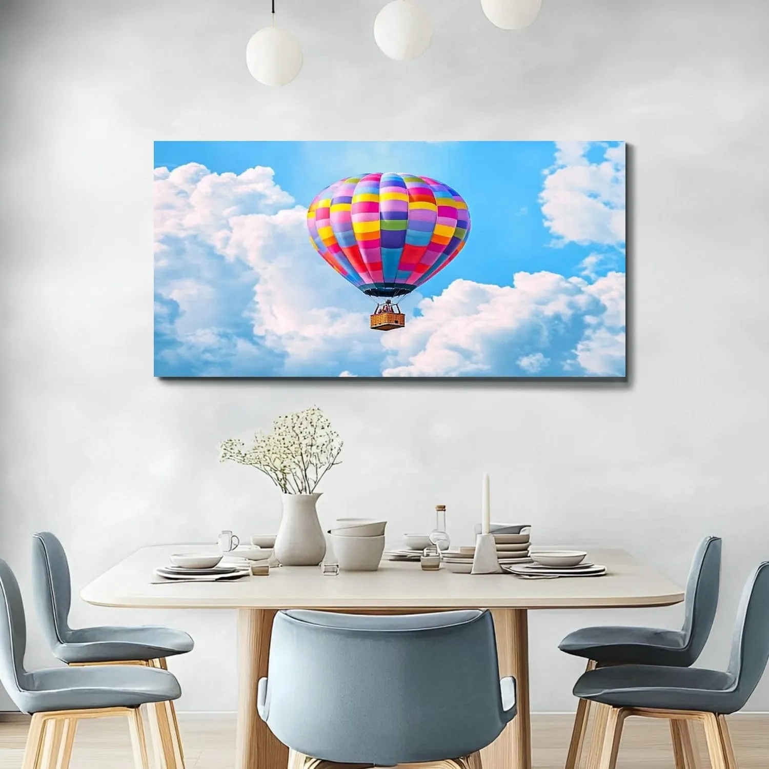 Large Wall Art Prints 20"x40" Hot air balloon flight blue sky Framed Canvas Wall Art Painting Artwork Poster Picture Wall Decor for Living Room Bedroom Hanging