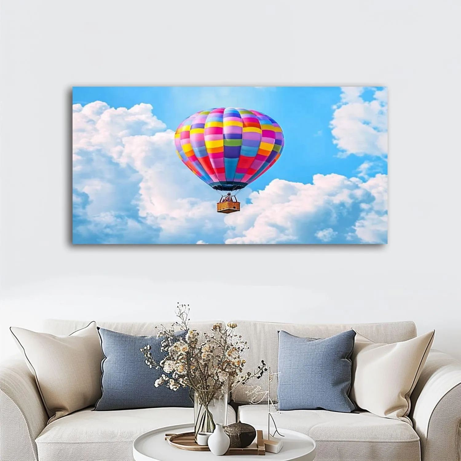 Large Wall Art Prints 20"x40" Hot air balloon flight blue sky Framed Canvas Wall Art Painting Artwork Poster Picture Wall Decor for Living Room Bedroom Hanging