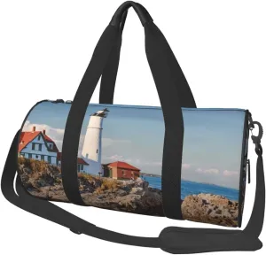 Large Weekender Overnight Bag Fashion Sports Gym Bag Lighthouse In Portland Maine Travel Duffel Bag With Adjustable Shoulder Strap