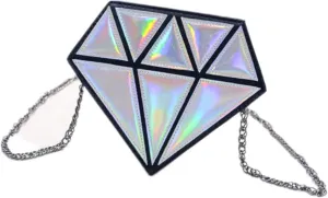 Laser Diamond Shape Evening Shoulder Bag PU Leather Chain bag for Girls, Silver, 18cm
