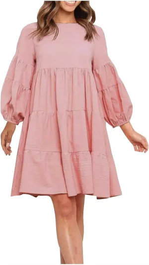 Lastesso Womens Summer Dresses Fashion Flare High Waisted Linen Cotton Sundress Trendy Long Sleeve Wedding Guest Clothes
