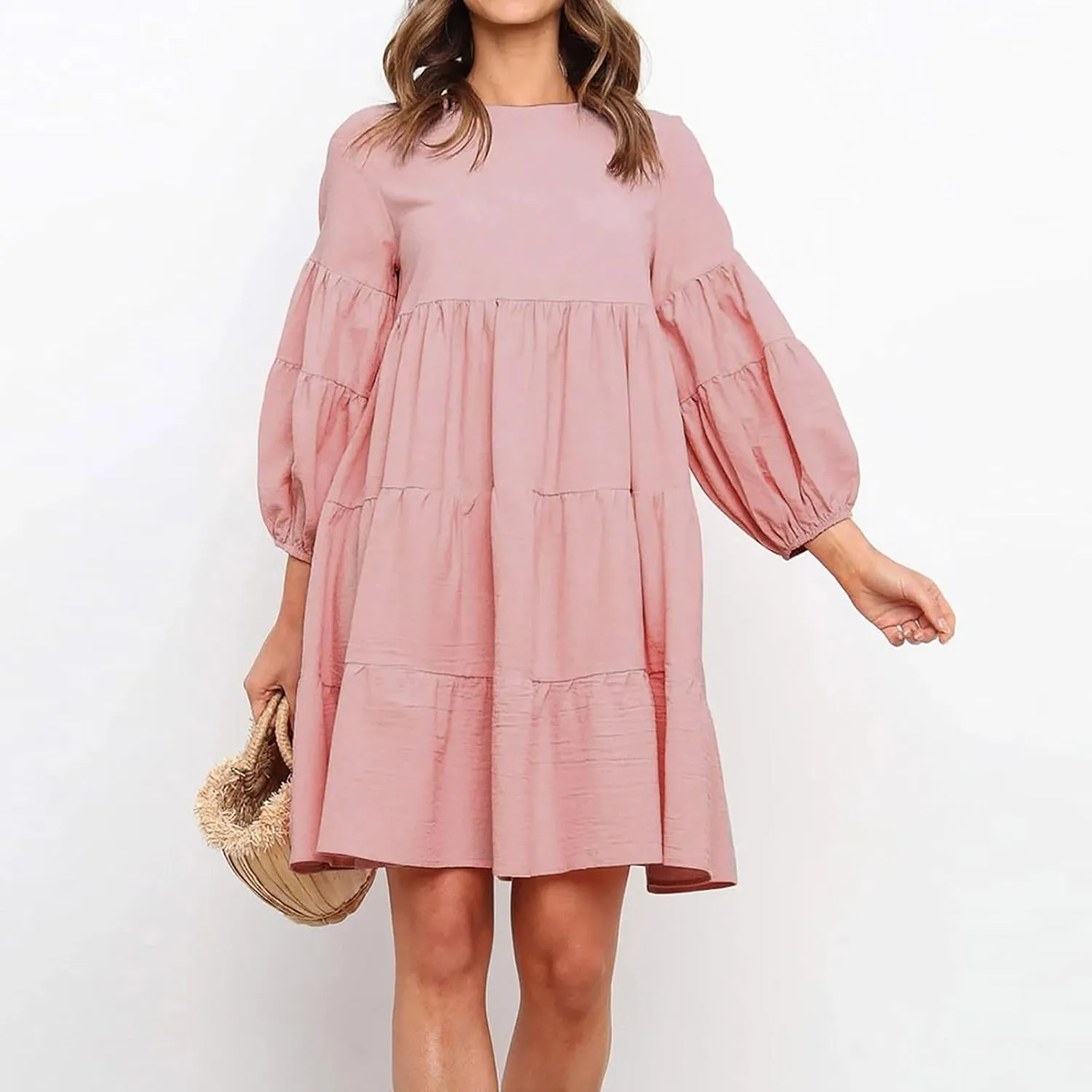 Lastesso Womens Summer Dresses Fashion Flare High Waisted Linen Cotton Sundress Trendy Long Sleeve Wedding Guest Clothes
