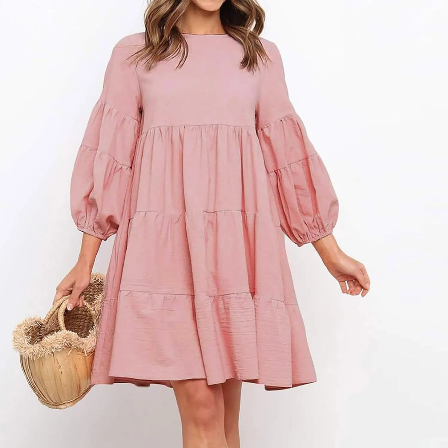 Lastesso Womens Summer Dresses Fashion Flare High Waisted Linen Cotton Sundress Trendy Long Sleeve Wedding Guest Clothes