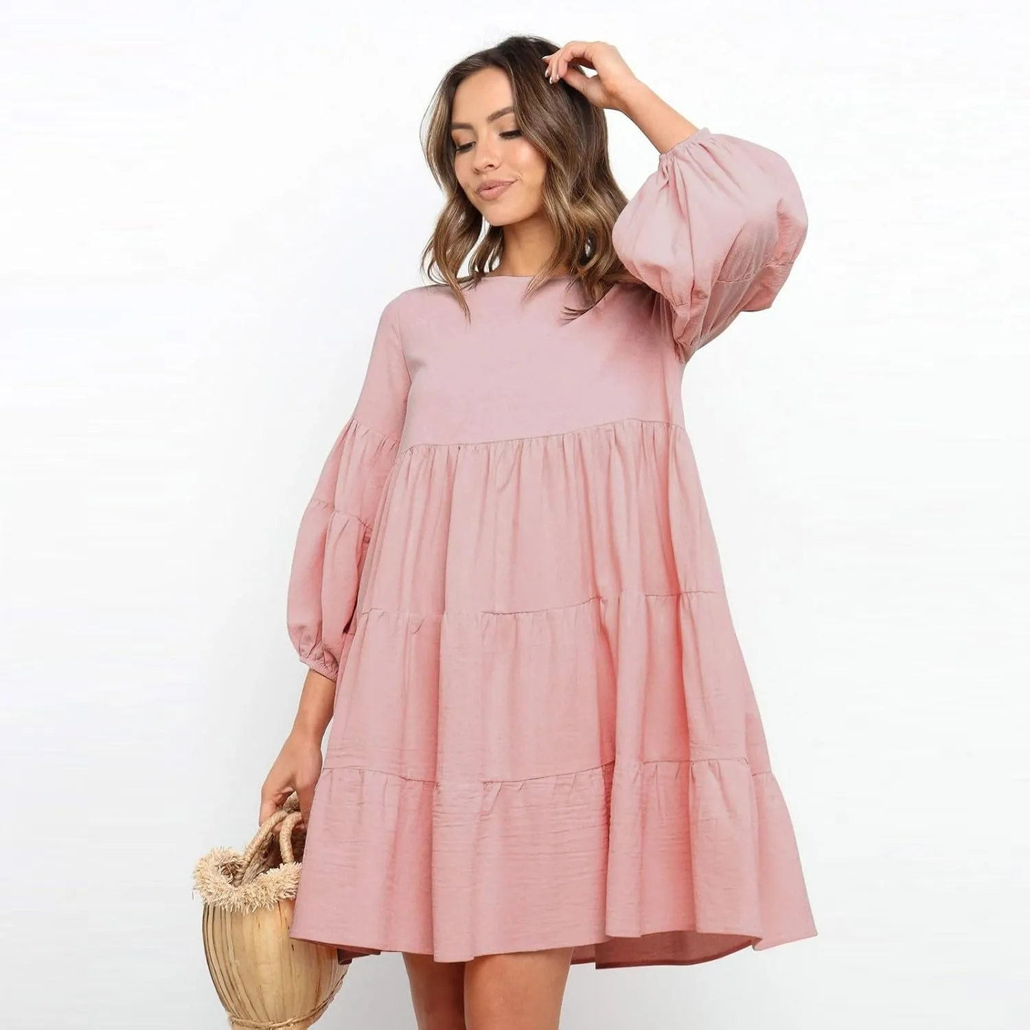 Lastesso Womens Summer Dresses Fashion Flare High Waisted Linen Cotton Sundress Trendy Long Sleeve Wedding Guest Clothes