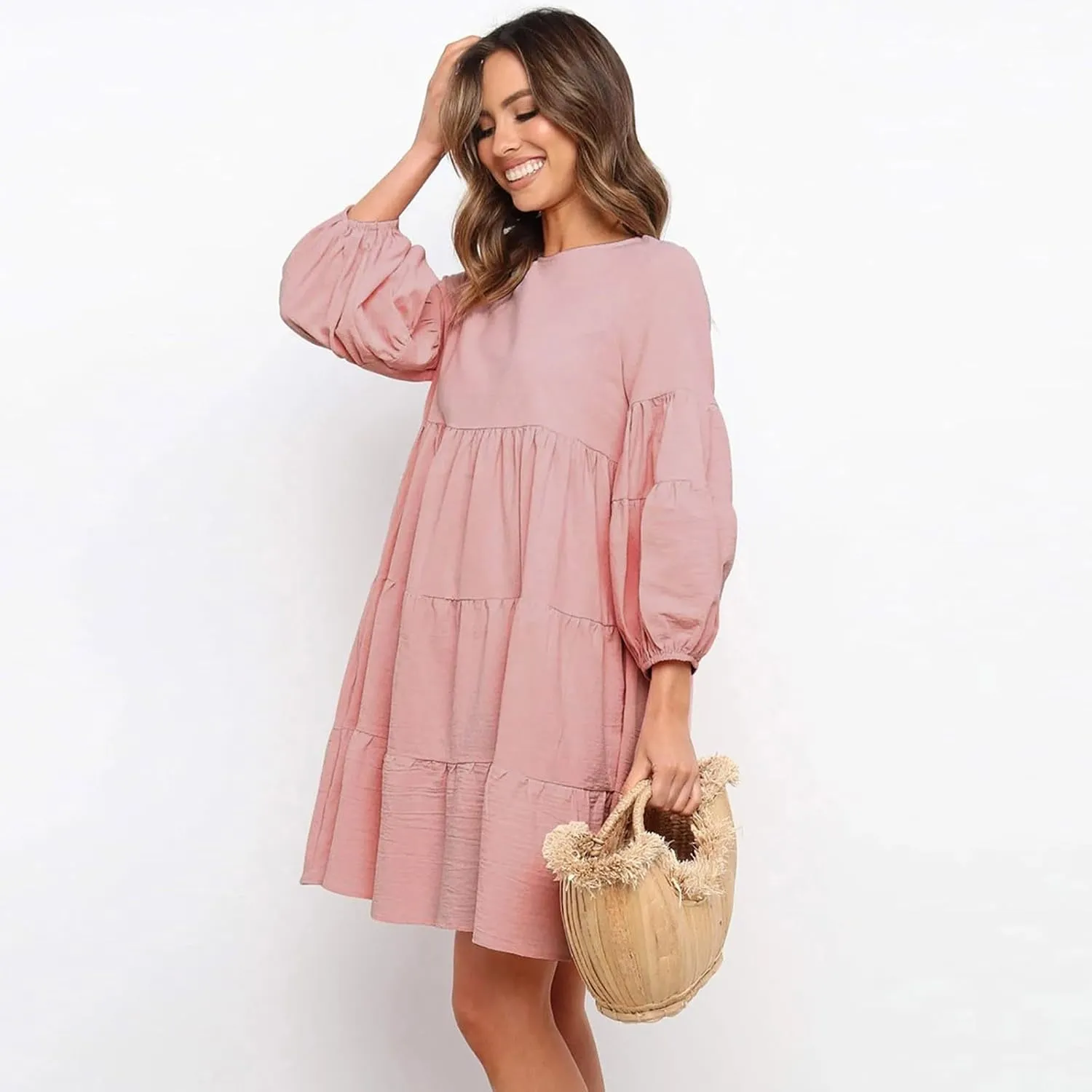 Lastesso Womens Summer Dresses Fashion Flare High Waisted Linen Cotton Sundress Trendy Long Sleeve Wedding Guest Clothes