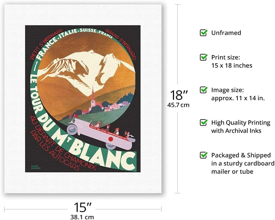 Le Tour du Mont Blanc - Alpine Trek through France Italy Switzerland - Vintage Railroad Travel Poster by Roger Broders c.1928 - Fine Art Rolled Canvas Print 11in x 14in