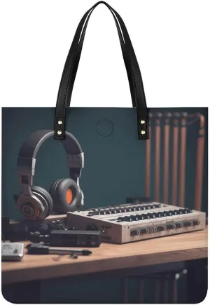 Leather Handbags Fallow Recorder with Headphones Printing Leather Purse Portable Tote Purse For Women