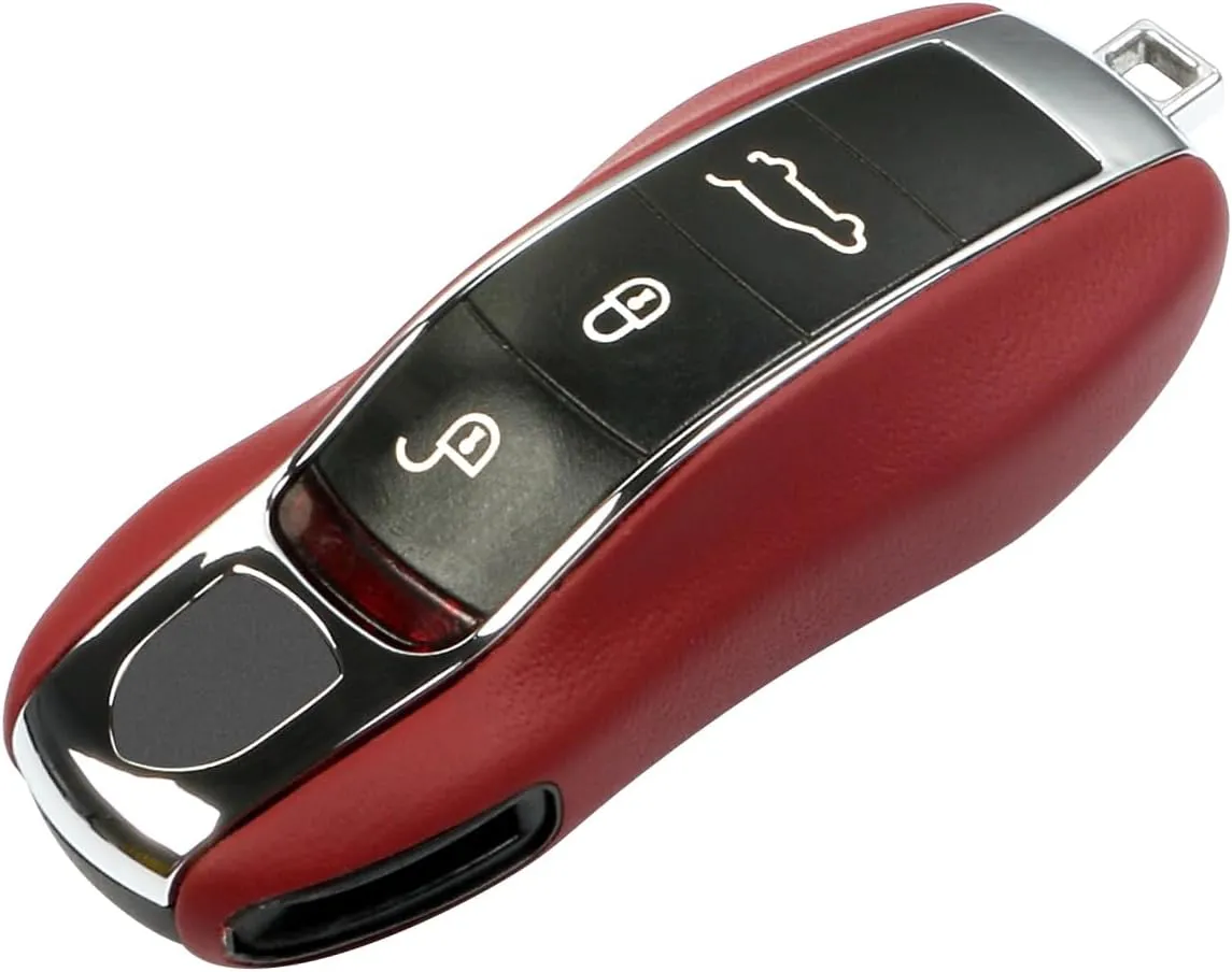 Leather Key Fob Cover for Porsche Macan Panamera 911, Key Chain Keychain Key Cover for Porsche Cayenne 718 Cayman Boxster Accessories (Bordeaux Red)