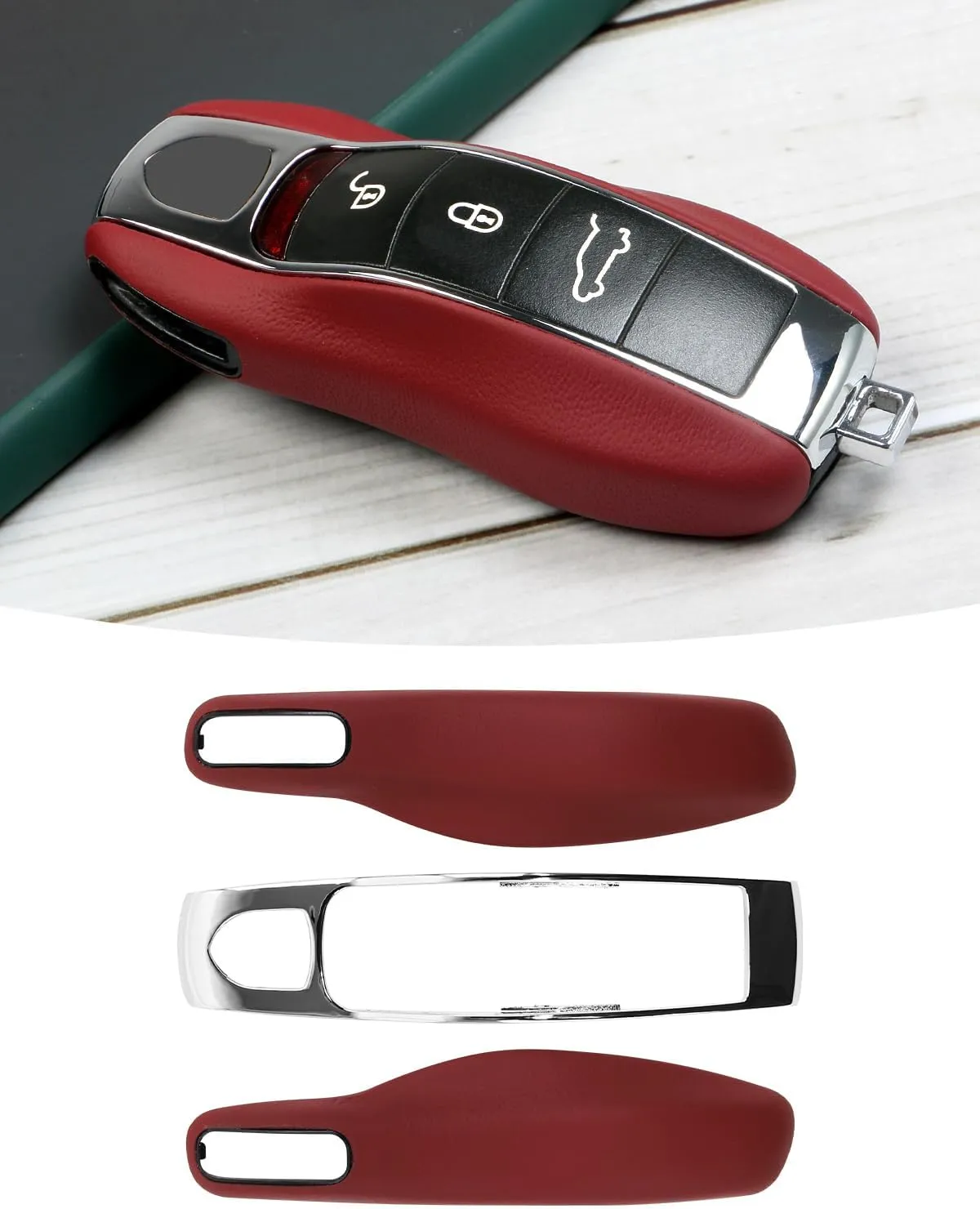 Leather Key Fob Cover for Porsche Macan Panamera 911, Key Chain Keychain Key Cover for Porsche Cayenne 718 Cayman Boxster Accessories (Bordeaux Red)