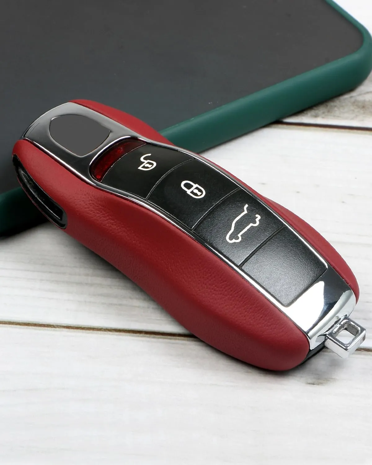 Leather Key Fob Cover for Porsche Macan Panamera 911, Key Chain Keychain Key Cover for Porsche Cayenne 718 Cayman Boxster Accessories (Bordeaux Red)
