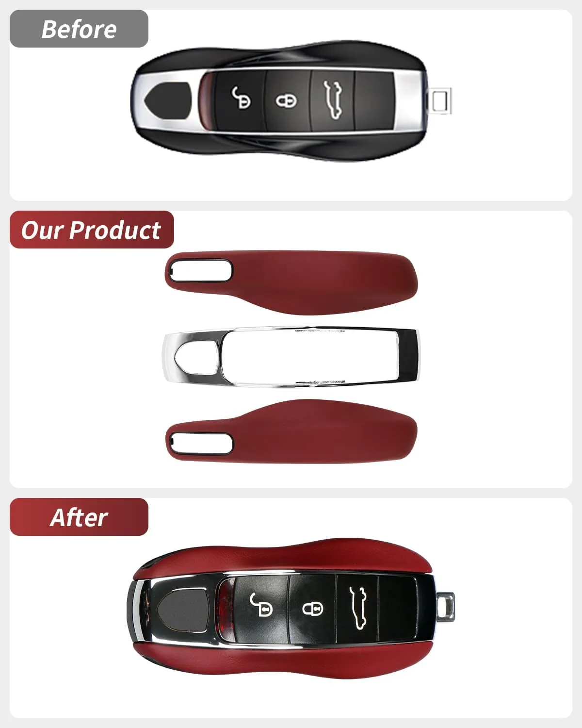 Leather Key Fob Cover for Porsche Macan Panamera 911, Key Chain Keychain Key Cover for Porsche Cayenne 718 Cayman Boxster Accessories (Bordeaux Red)