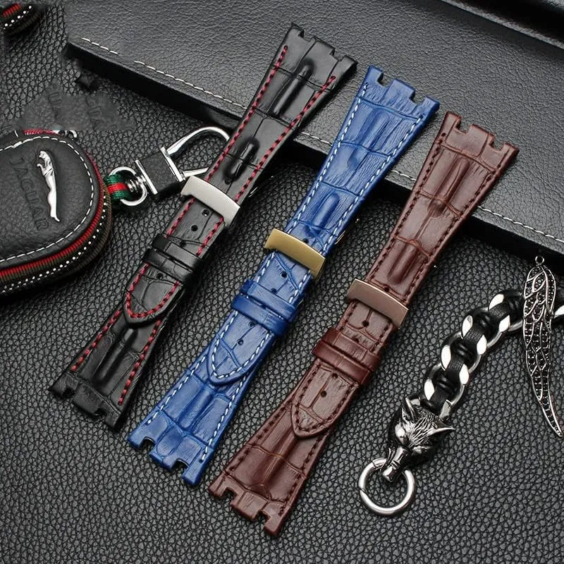 Leather Watch Band Men Suitable for AP Abbey Royal Oak AP15710 15703 Leather Notched Watch Chain 28mm (Color : 10mm Gold Clasp, Size : Silver Buckle)