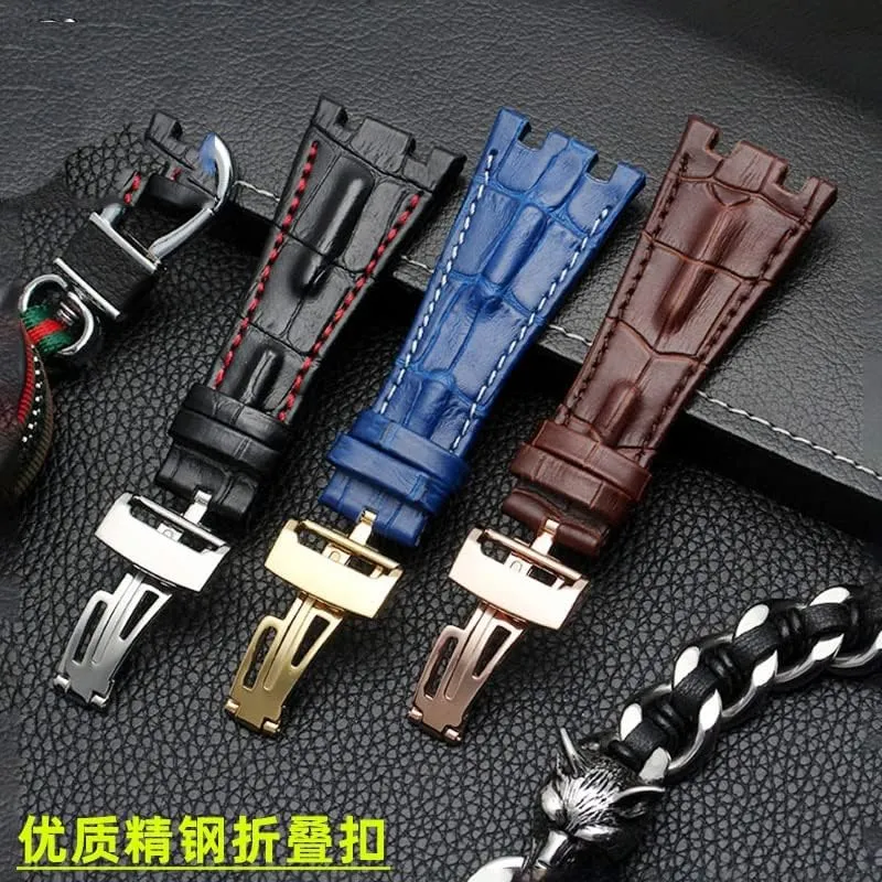 Leather Watch Band Men Suitable for AP Abbey Royal Oak AP15710 15703 Leather Notched Watch Chain 28mm (Color : Black red, Size : Silver Buckle)