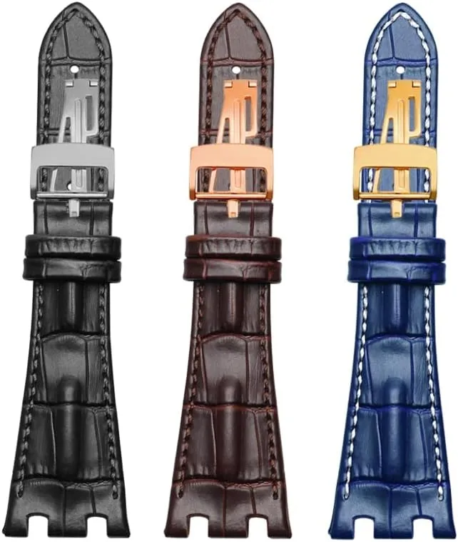 Leather Watch Band Men Suitable for AP Abbey Royal Oak AP15710 15703 Leather Notched Watch Chain 28mm (Color : Black red, Size : Silver Buckle)
