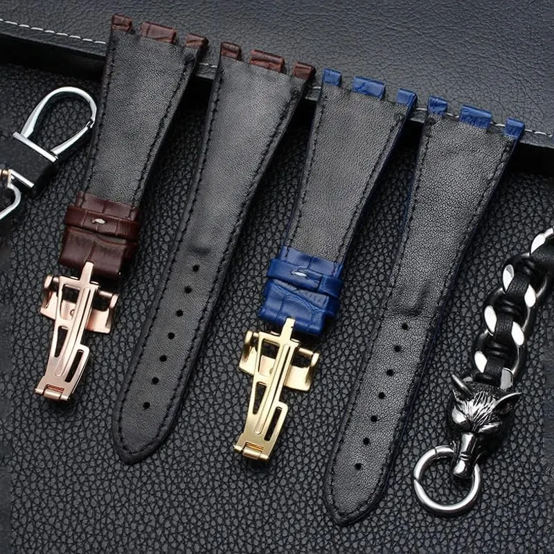 Leather Watch Band Men Suitable for AP Abbey Royal Oak AP15710 15703 Leather Notched Watch Chain 28mm (Color : Black red, Size : Silver Buckle)