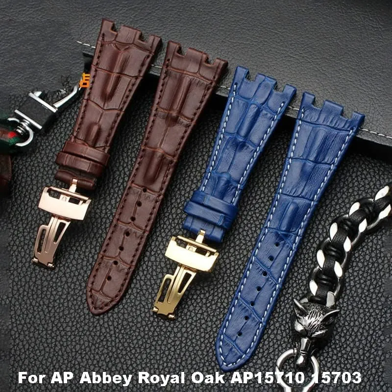 Leather Watch Band Men Suitable for AP Abbey Royal Oak AP15710 15703 Leather Notched Watch Chain 28mm (Color : Black red, Size : Silver Buckle)
