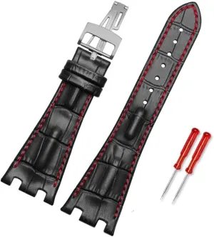 Leather Watch Band Men Suitable for AP Abbey Royal Oak AP15710 15703 Leather Notched Watch Chain 28mm (Color : Black red, Size : Silver Buckle)