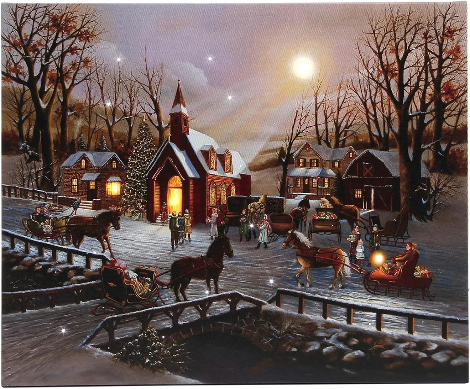 LED Canvas Wall Print Art with Timer, Light Up Pictures with Fiber Optic Lights, Powered by Batteries, Old Town Church Lit Up Canvas Picture, Framed Lighted Canvas Fabric Print for Home, Ready to Hang