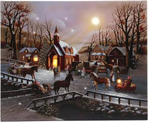 LED Canvas Wall Print Art with Timer, Light Up Pictures with Fiber Optic Lights, Powered by Batteries, Old Town Church Lit Up Canvas Picture, Framed Lighted Canvas Fabric Print for Home, Ready to Hang